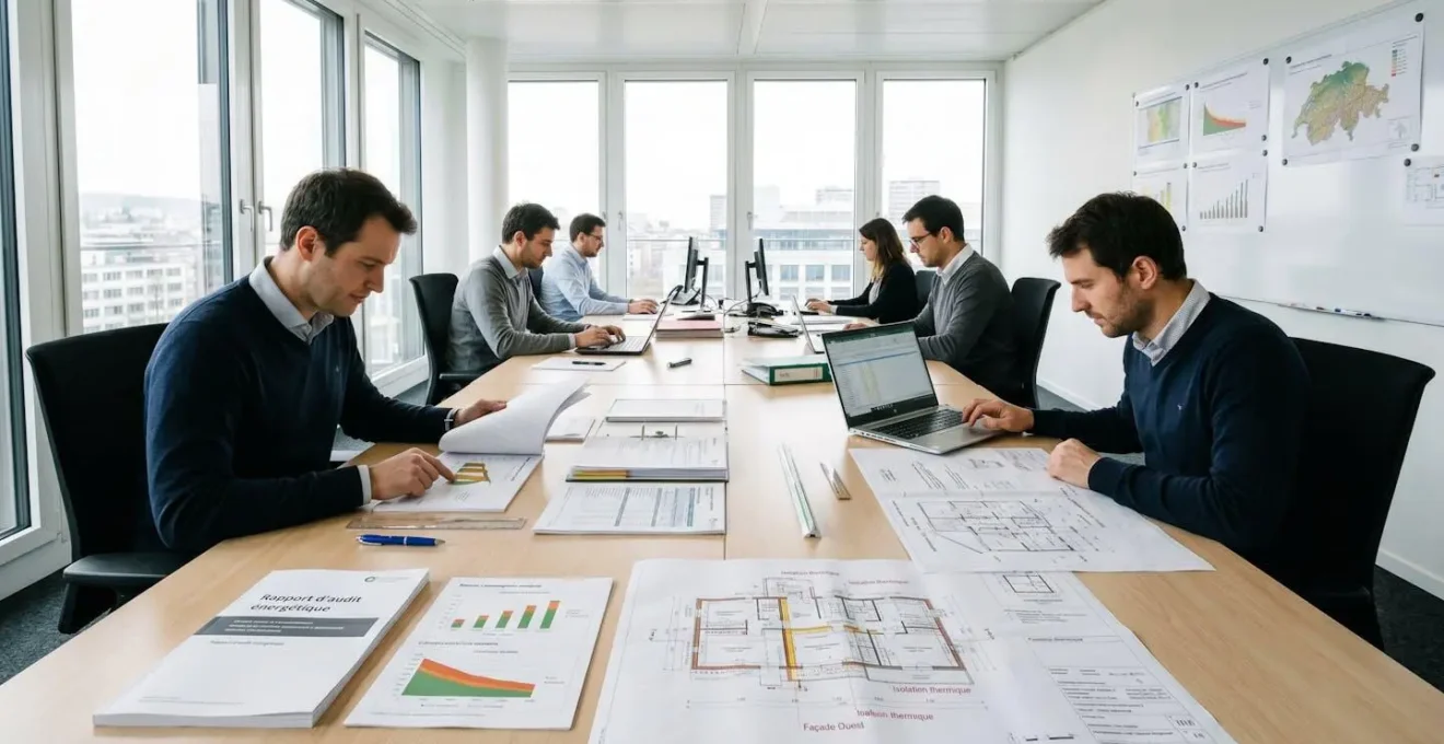 Bureau d'études énergétiques avec documents d'audit, plans techniques et graphiques de consommation organisés sur table de travail moderne