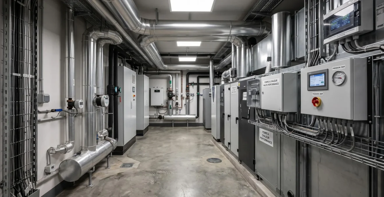 Salle technique moderne avec équipements HVAC haute efficacité et systèmes de monitoring énergétique dans environnement industriel contemporain