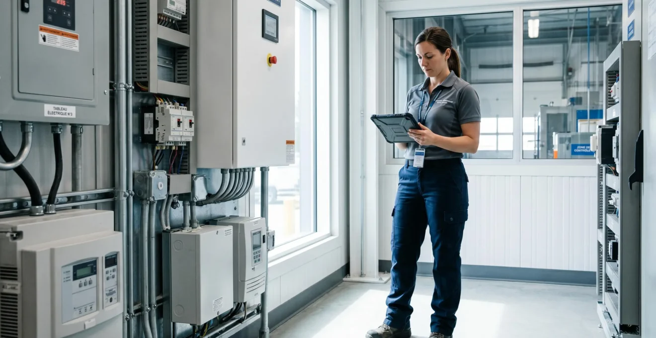 Technicien qualifié analysant des données de consommation énergétique sur tablette dans un environnement industriel moderne avec équipements de monitoring visibles