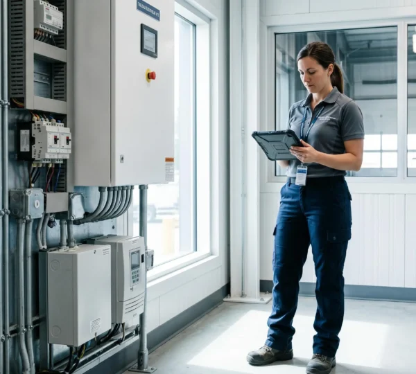 Technicien qualifié analysant des données de consommation énergétique sur tablette dans un environnement industriel moderne avec équipements de monitoring visibles