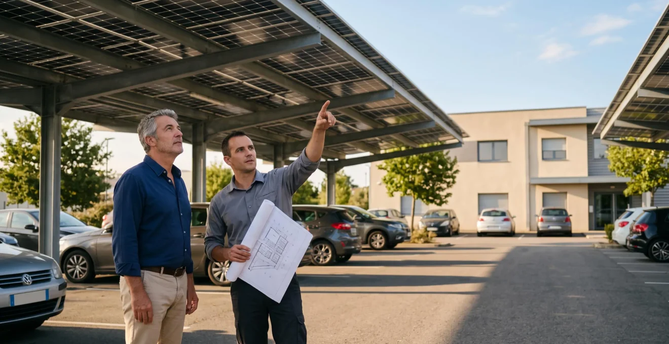 Un dirigeant d'entreprise écoute un installateur qui lui présente une ombrière photovoltaïque sur un parking de société.