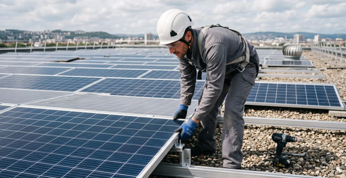 Un installateur fixe un panneau photovoltaïque sur des rails de montage lors d'un chantier sur toiture d'entreprise.