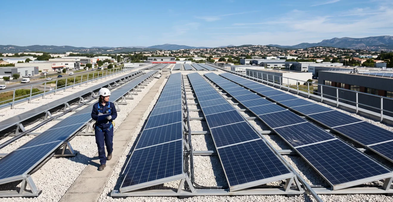 Un technicien inspecte un large ensemble de panneaux solaires photovoltaïques installés sur le toit plat d'un bâtiment commercial.